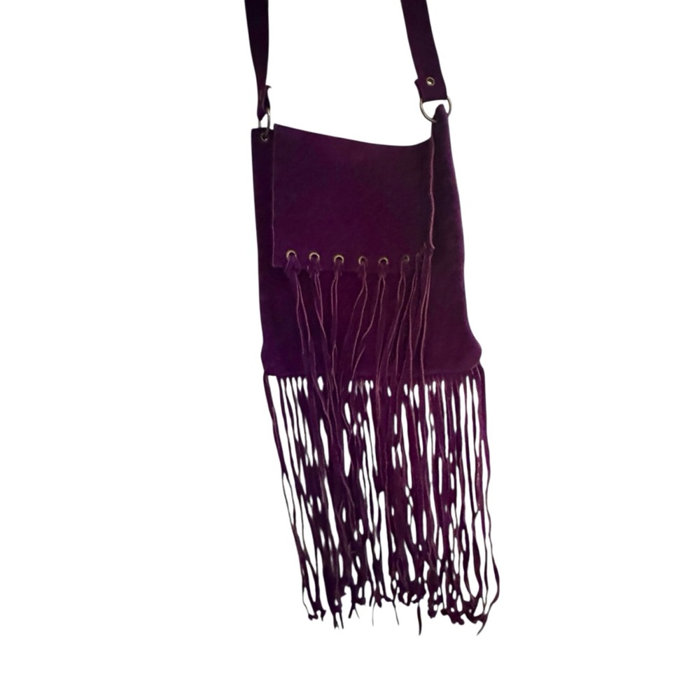 Vintage Purple Suede Leather Long Fringe Flap Shoulder Crossbody Bag - Picture 8 of 8